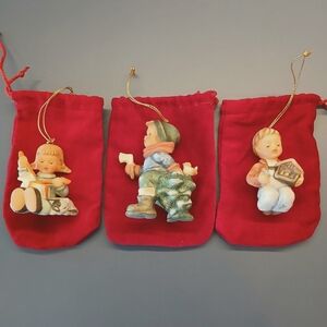 Vintage Hummel Porcelain Christmas Ornaments, Lot of 3,1997 w/ Velvet Pouchs
